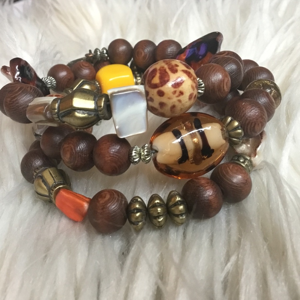 Glass/Wood Beads Chunky Bracelet. Rustic Colors
